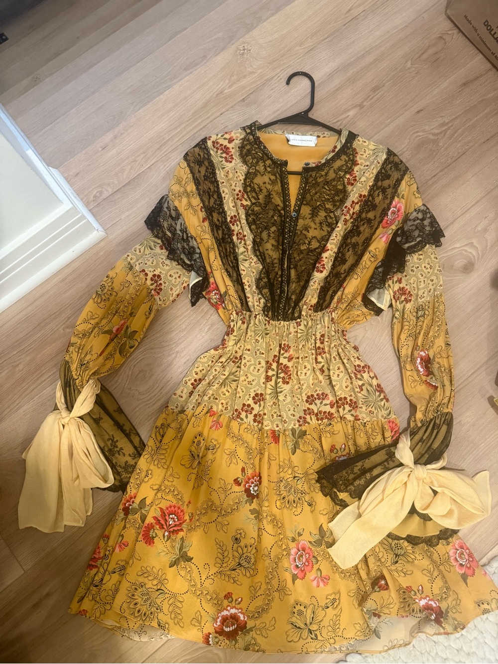 Boho Yellow Floral Lace-Trim Smocked Waist Dress size 40